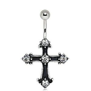 Gothic Cross Navel Ring With Clear Stones!🛍